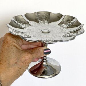 Farberware Krome Kraft Art Deco Pedestal Candy Dish Scalloped Chrome Plated Vtg